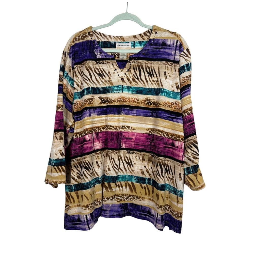 Alfred Dunner Animal Print Stripe Split Neck Blouse Textured Long Sleeve Top 3X
